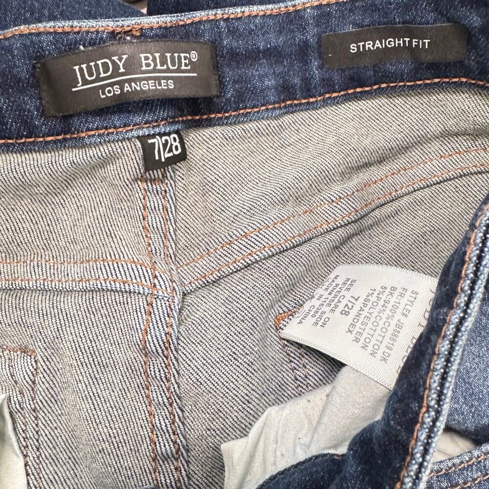 Judy Blue Straight Fit Distressed Raw Hem Jeans Dark Wash Blue Ripped Size 7/28 - Picture 8 of 10
